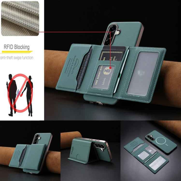 For Samsung Galaxy S25 5G Solid Color Horizontal Magnetic Card Bag RFID MagSafe Phone Case(Green)