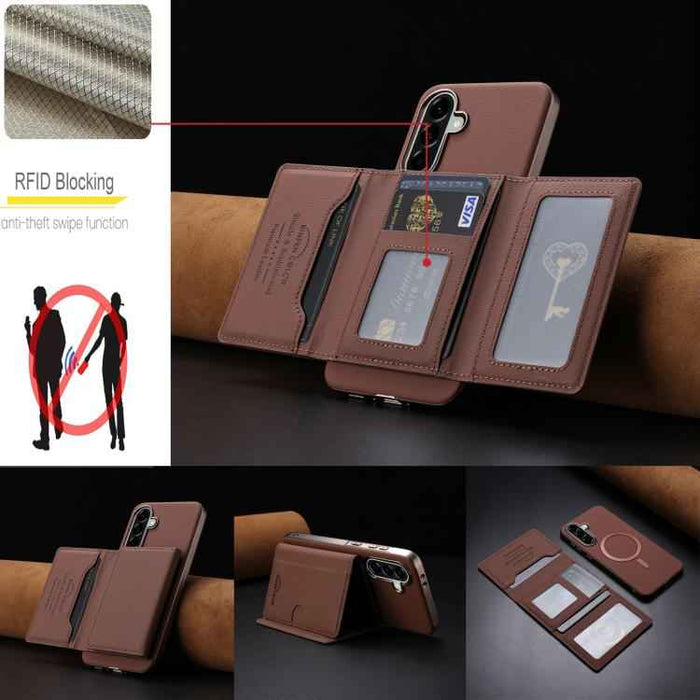 For Samsung Galaxy S25+ 5G Solid Color Horizontal Magnetic Card Bag RFID MagSafe Phone Case(Brown)