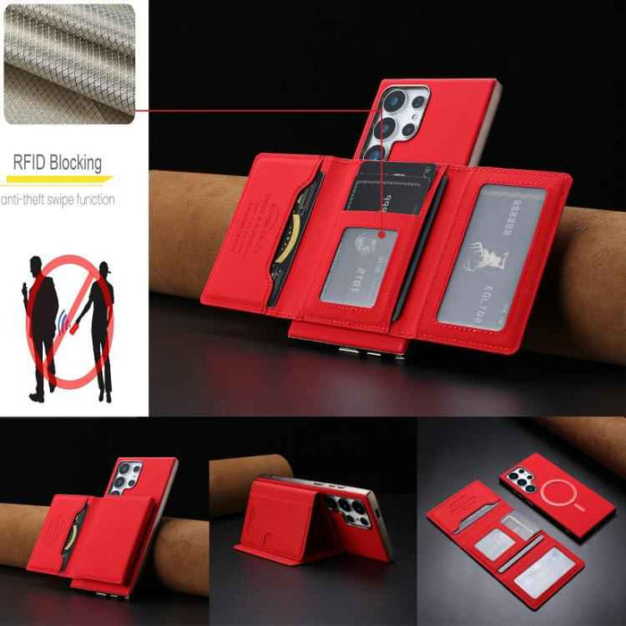 For Samsung Galaxy S25 Ultra 5G Solid Color Horizontal Magnetic Card Bag RFID MagSafe Phone Case(Red)