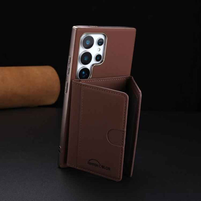 For Samsung Galaxy S25 Ultra 5G Solid Color Horizontal Magnetic Card Bag RFID MagSafe Phone Case(Brown)