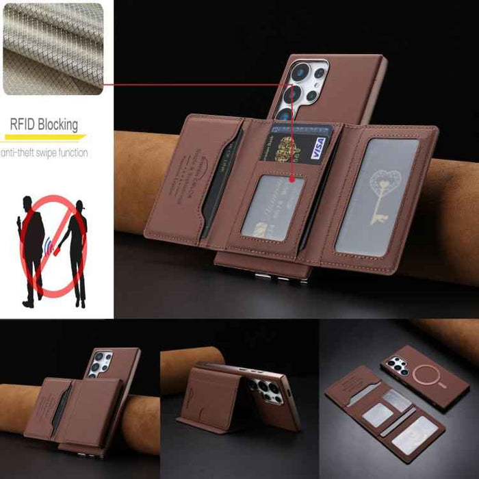 For Samsung Galaxy S25 Ultra 5G Solid Color Horizontal Magnetic Card Bag RFID MagSafe Phone Case(Brown)