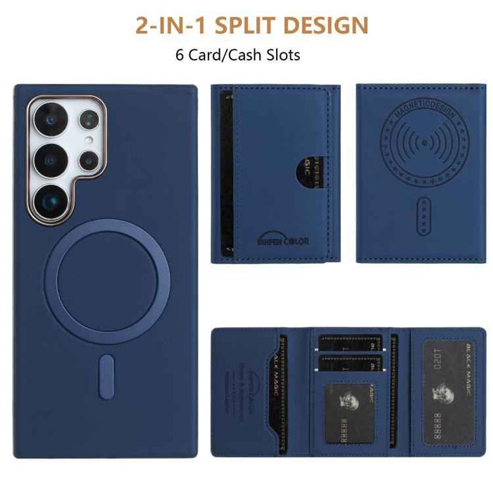 For Samsung Galaxy S25 Ultra 5G Solid Color Horizontal Magnetic Card Bag RFID MagSafe Phone Case(Dark Blue)
