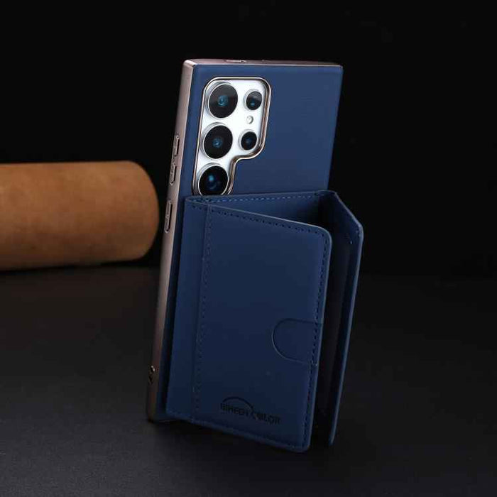 For Samsung Galaxy S25 Ultra 5G Solid Color Horizontal Magnetic Card Bag RFID MagSafe Phone Case(Dark Blue)