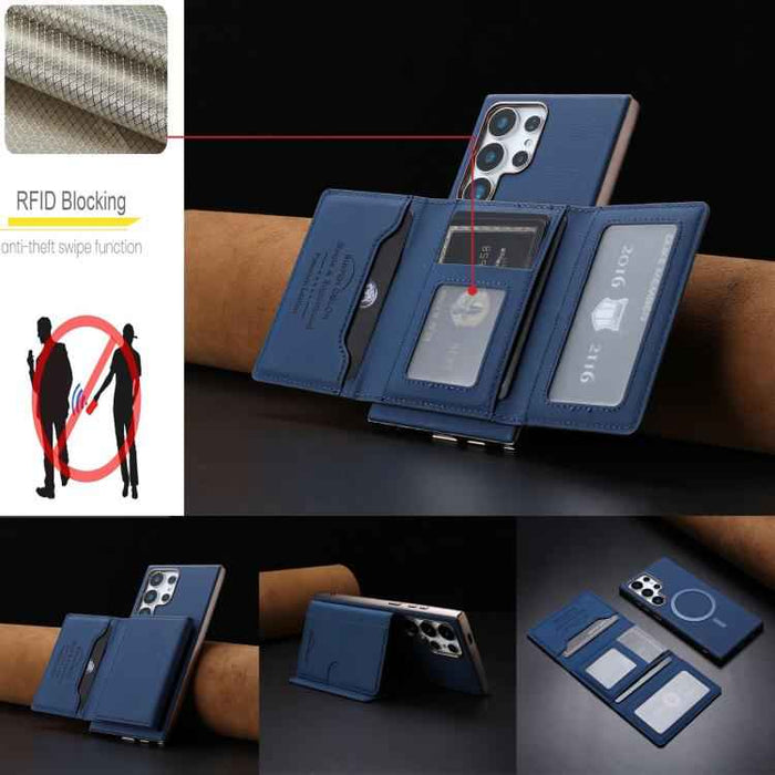 For Samsung Galaxy S25 Ultra 5G Solid Color Horizontal Magnetic Card Bag RFID MagSafe Phone Case(Dark Blue)