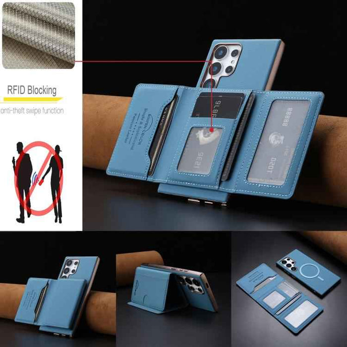 For Samsung Galaxy S25 Ultra 5G Solid Color Horizontal Magnetic Card Bag RFID MagSafe Phone Case(Baby Blue)