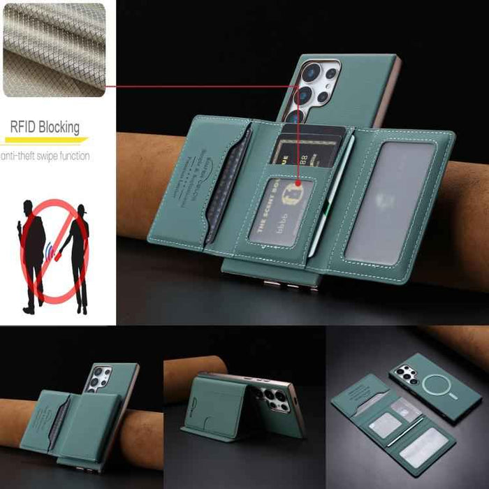 For Samsung Galaxy S25 Ultra 5G Solid Color Horizontal Magnetic Card Bag RFID MagSafe Phone Case(Green)