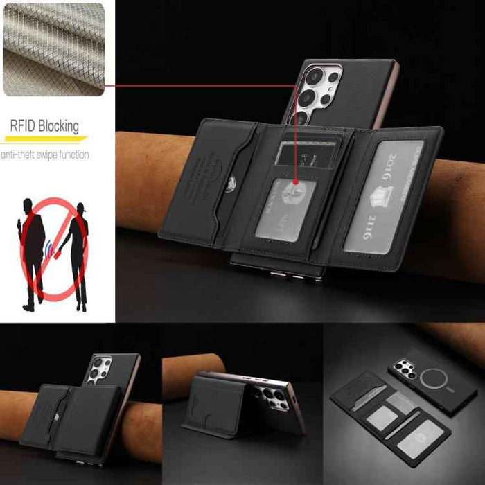 For Samsung Galaxy S25 Ultra 5G Solid Color Horizontal Magnetic Card Bag RFID MagSafe Phone Case(Black)