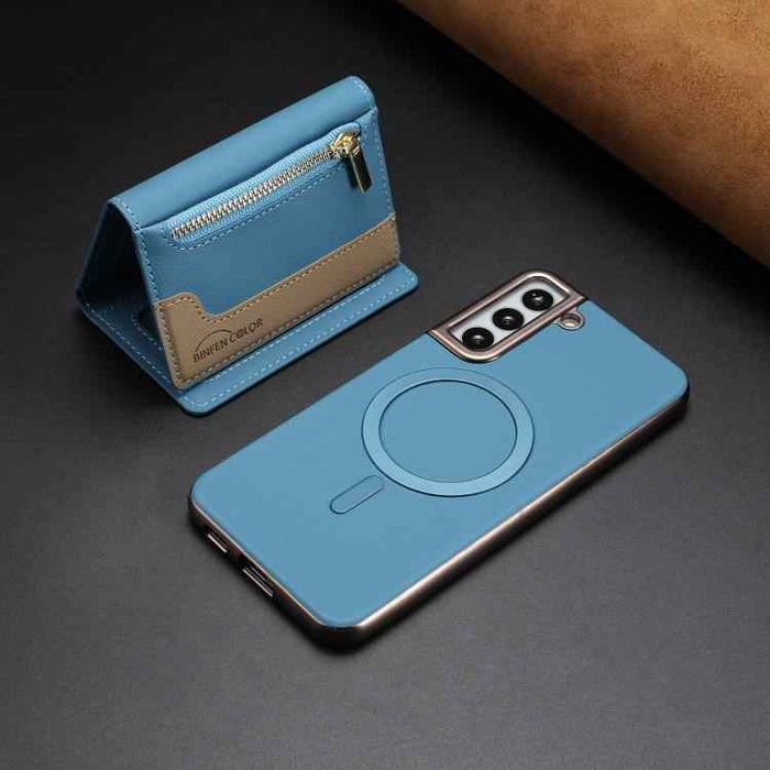 For Samsung Galaxy S25 5G Zipper Horizontal Magnetic Card Bag RFID MagSafe Phone Case(Baby Blue)