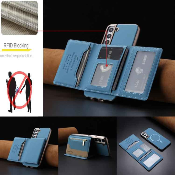 For Samsung Galaxy S25 5G Zipper Horizontal Magnetic Card Bag RFID MagSafe Phone Case(Baby Blue)