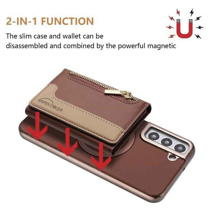 For Samsung Galaxy S25 5G Zipper Horizontal Magnetic Card Bag RFID MagSafe Phone Case(Brown)