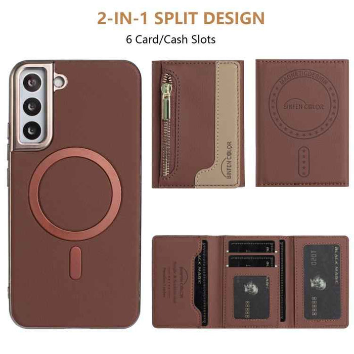 For Samsung Galaxy S25 5G Zipper Horizontal Magnetic Card Bag RFID MagSafe Phone Case(Brown)