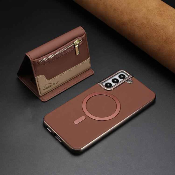 For Samsung Galaxy S25 5G Zipper Horizontal Magnetic Card Bag RFID MagSafe Phone Case(Brown)