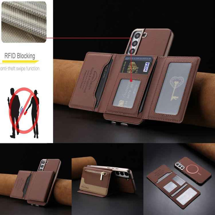For Samsung Galaxy S25 5G Zipper Horizontal Magnetic Card Bag RFID MagSafe Phone Case(Brown)