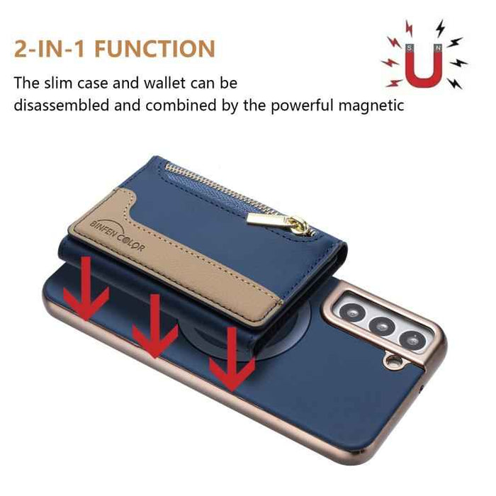 For Samsung Galaxy S25 5G Zipper Horizontal Magnetic Card Bag RFID MagSafe Phone Case(Dark Blue)