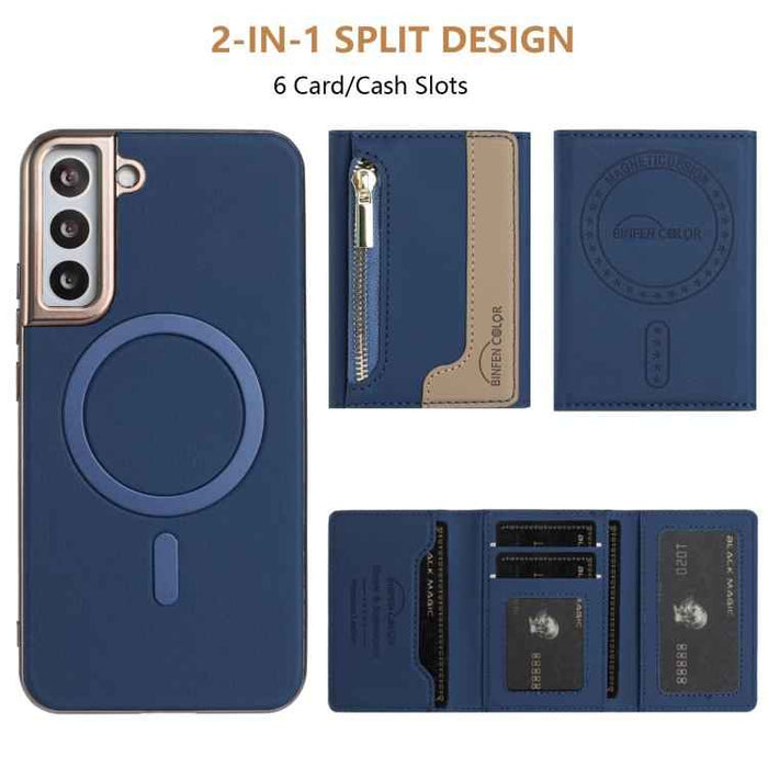 For Samsung Galaxy S25 5G Zipper Horizontal Magnetic Card Bag RFID MagSafe Phone Case(Dark Blue)