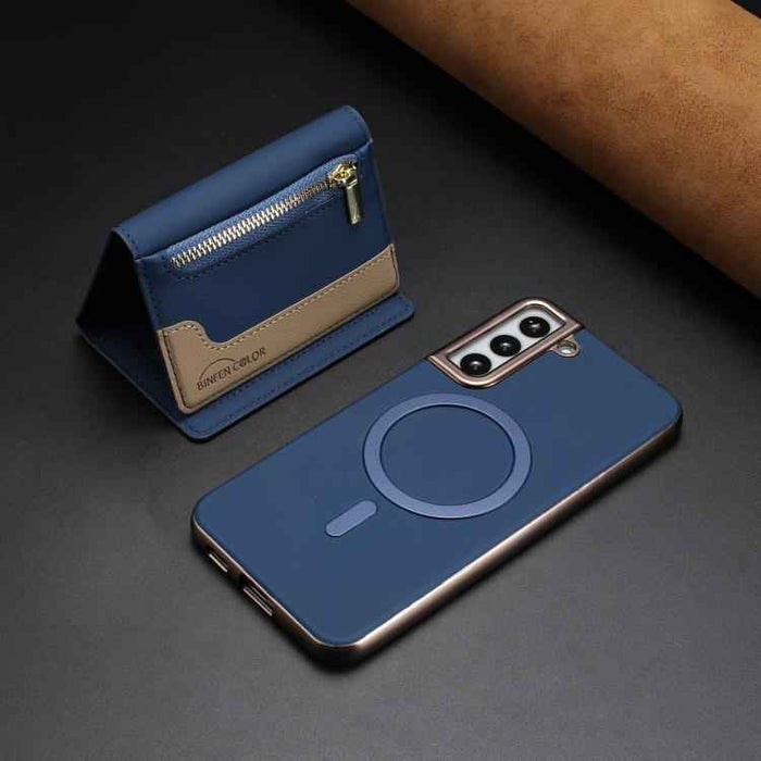 For Samsung Galaxy S25 5G Zipper Horizontal Magnetic Card Bag RFID MagSafe Phone Case(Dark Blue)