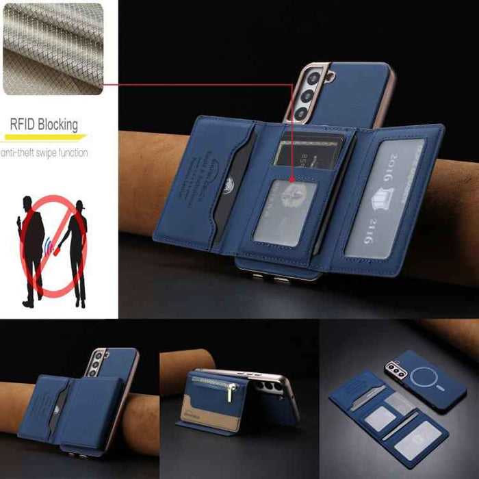 For Samsung Galaxy S25 5G Zipper Horizontal Magnetic Card Bag RFID MagSafe Phone Case(Dark Blue)
