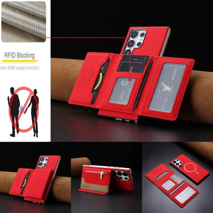 For Samsung Galaxy S25 Ultra 5G Zipper Horizontal Magnetic Card Bag RFID MagSafe Phone Case(Red)