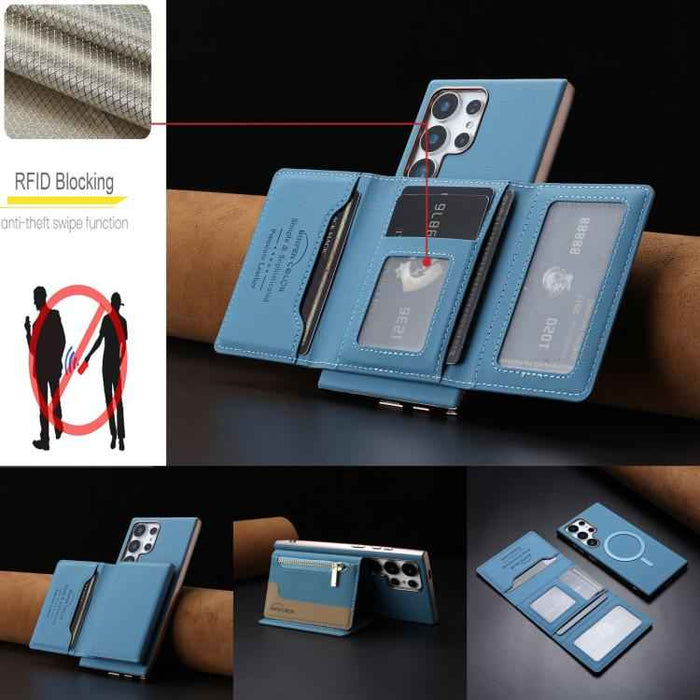 For Samsung Galaxy S25 Ultra 5G Zipper Horizontal Magnetic Card Bag RFID MagSafe Phone Case(Baby Blue)