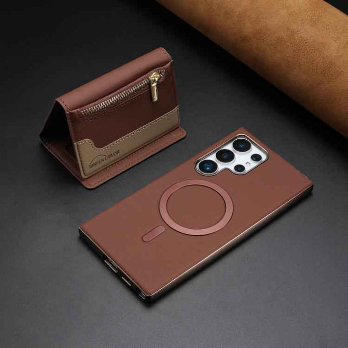 For Samsung Galaxy S25 Ultra 5G Zipper Horizontal Magnetic Card Bag RFID MagSafe Phone Case(Brown)