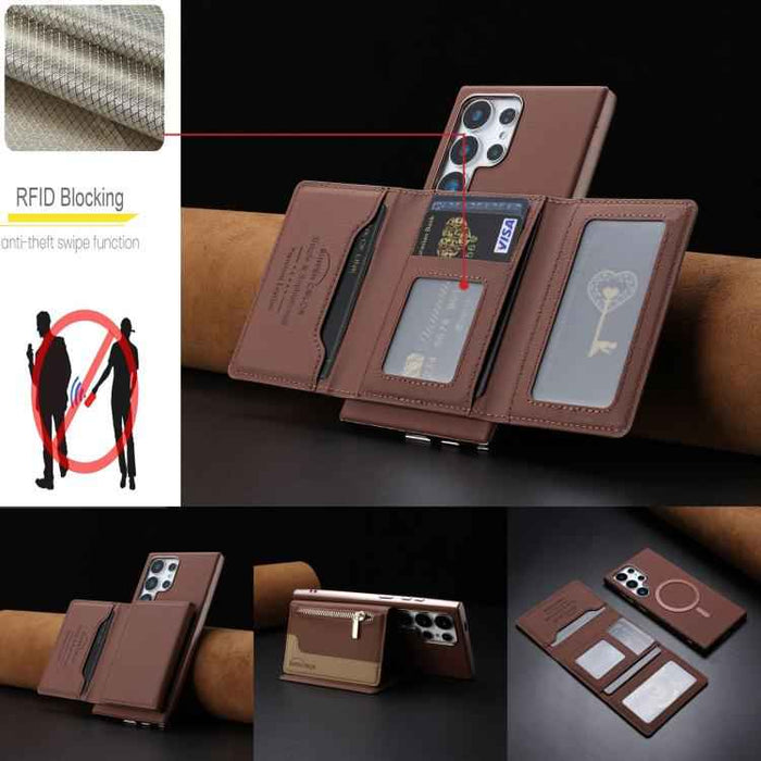 For Samsung Galaxy S25 Ultra 5G Zipper Horizontal Magnetic Card Bag RFID MagSafe Phone Case(Brown)