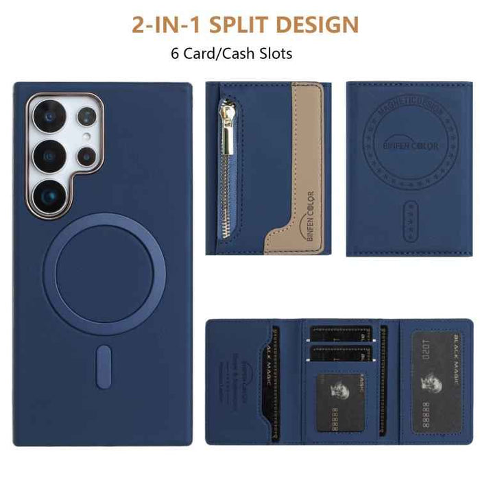 For Samsung Galaxy S25 Ultra 5G Zipper Horizontal Magnetic Card Bag RFID MagSafe Phone Case(Dark Blue)