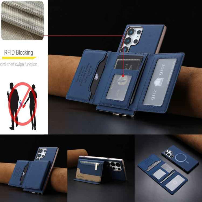 For Samsung Galaxy S25 Ultra 5G Zipper Horizontal Magnetic Card Bag RFID MagSafe Phone Case(Dark Blue)