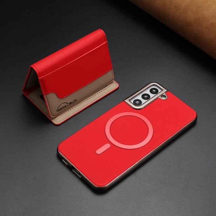 For Samsung Galaxy S25 5G Colour Matching Horizontal Magnetic Card Bag RFID MagSafe Phone Case(Red)