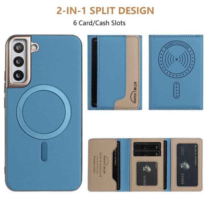 For Samsung Galaxy S25 5G Colour Matching Horizontal Magnetic Card Bag RFID MagSafe Phone Case(Baby Blue)