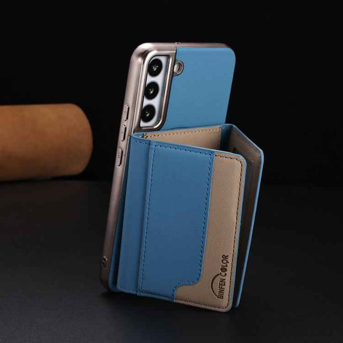 For Samsung Galaxy S25 5G Colour Matching Horizontal Magnetic Card Bag RFID MagSafe Phone Case(Baby Blue)