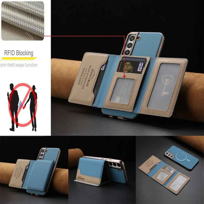 For Samsung Galaxy S25 5G Colour Matching Horizontal Magnetic Card Bag RFID MagSafe Phone Case(Baby Blue)