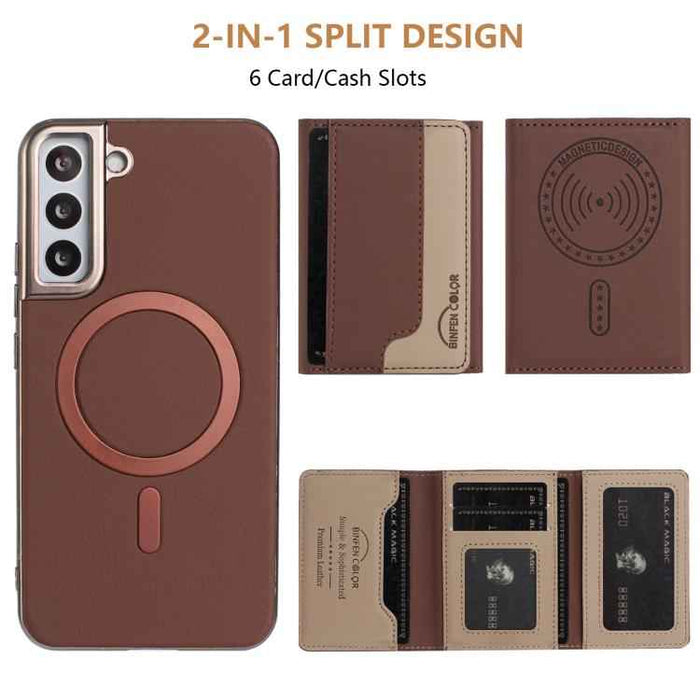For Samsung Galaxy S25 5G Colour Matching Horizontal Magnetic Card Bag RFID MagSafe Phone Case(Brown)