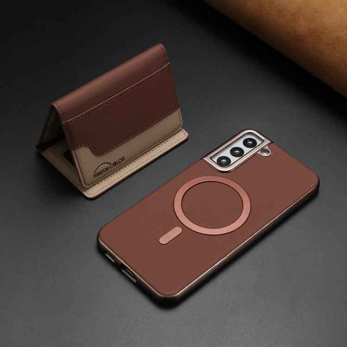 For Samsung Galaxy S25 5G Colour Matching Horizontal Magnetic Card Bag RFID MagSafe Phone Case(Brown)