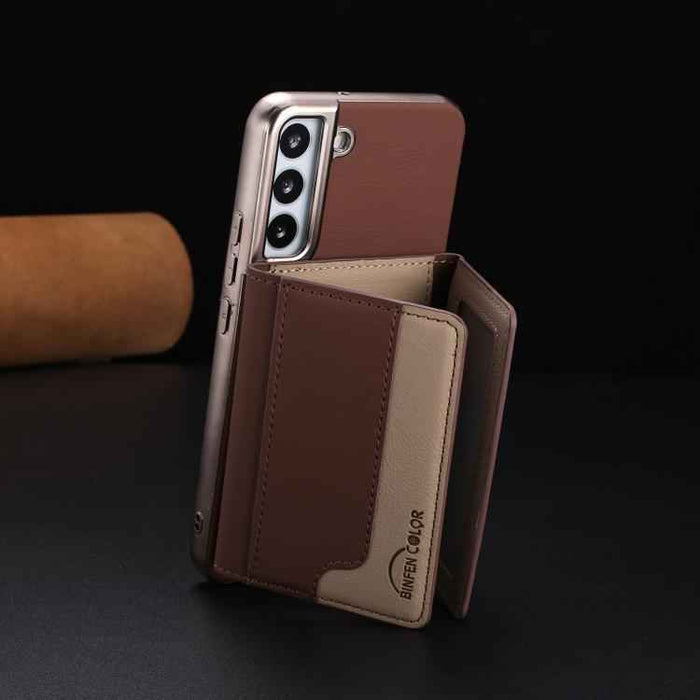 For Samsung Galaxy S25 5G Colour Matching Horizontal Magnetic Card Bag RFID MagSafe Phone Case(Brown)
