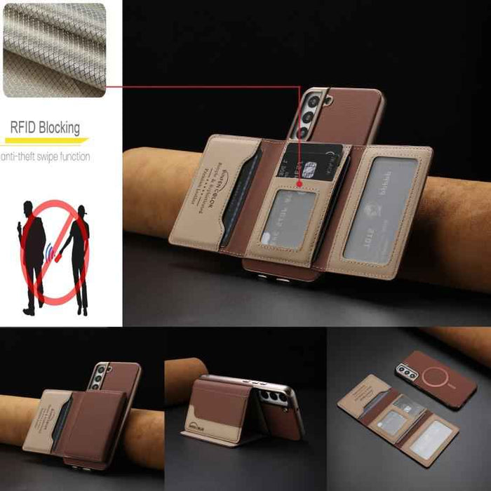 For Samsung Galaxy S25 5G Colour Matching Horizontal Magnetic Card Bag RFID MagSafe Phone Case(Brown)