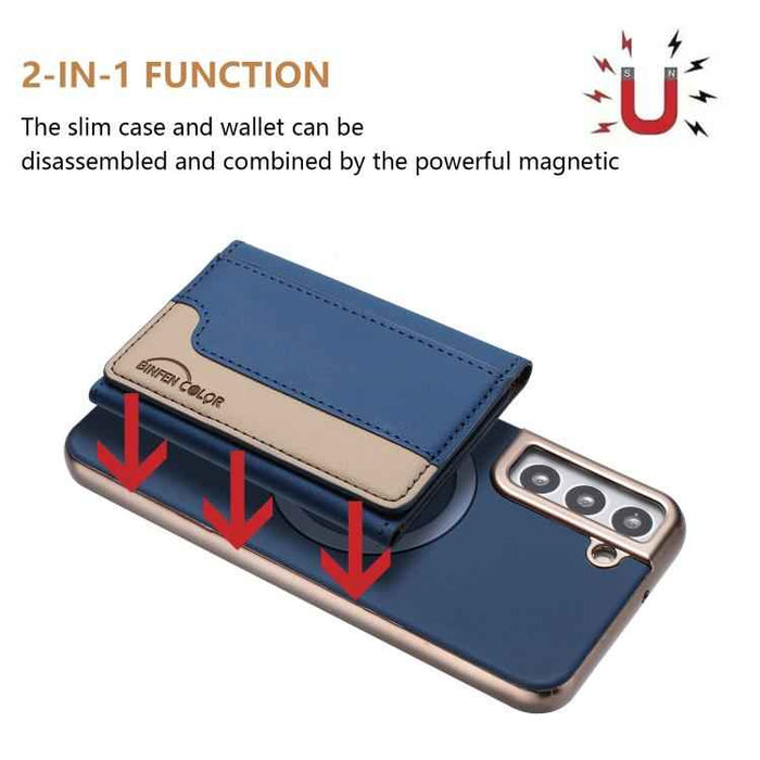 For Samsung Galaxy S25 5G Colour Matching Horizontal Magnetic Card Bag RFID MagSafe Phone Case(Dark Blue)