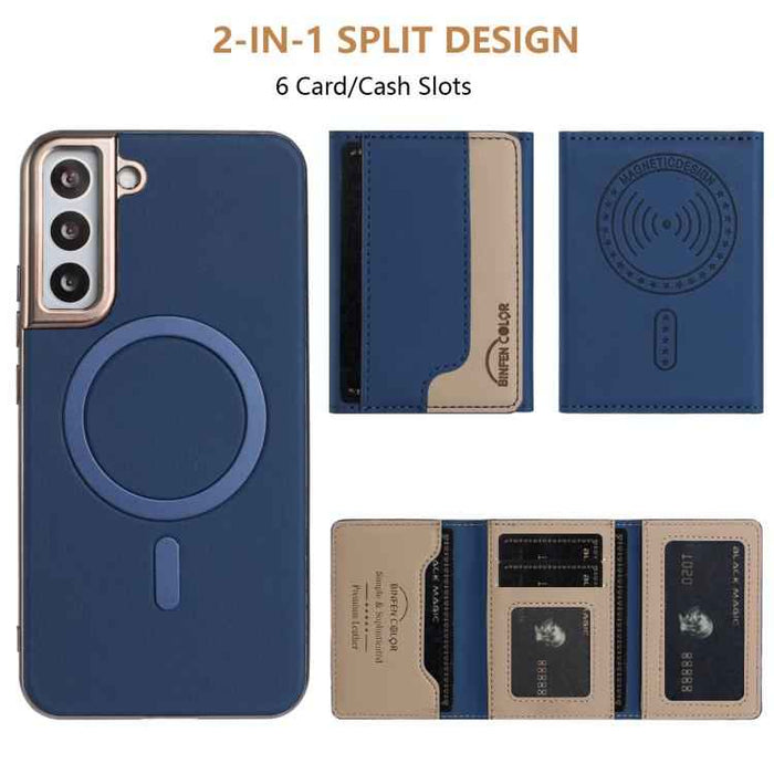 For Samsung Galaxy S25 5G Colour Matching Horizontal Magnetic Card Bag RFID MagSafe Phone Case(Dark Blue)