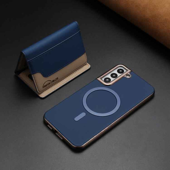 For Samsung Galaxy S25 5G Colour Matching Horizontal Magnetic Card Bag RFID MagSafe Phone Case(Dark Blue)