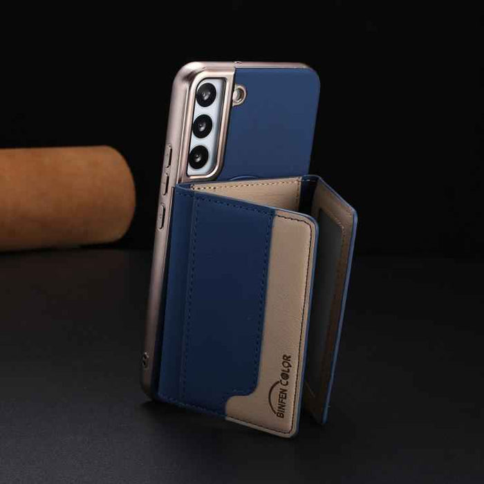 For Samsung Galaxy S25 5G Colour Matching Horizontal Magnetic Card Bag RFID MagSafe Phone Case(Dark Blue)