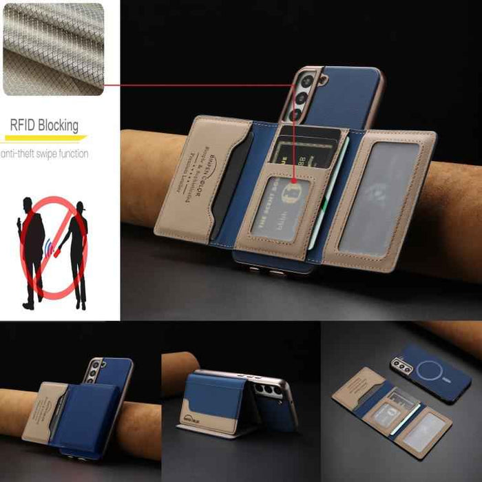 For Samsung Galaxy S25 5G Colour Matching Horizontal Magnetic Card Bag RFID MagSafe Phone Case(Dark Blue)