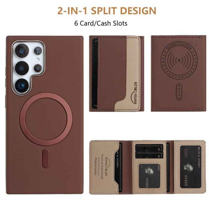 For Samsung Galaxy S25 Ultra 5G Colour Matching Horizontal Magnetic Card Bag RFID MagSafe Phone Case(Brown)