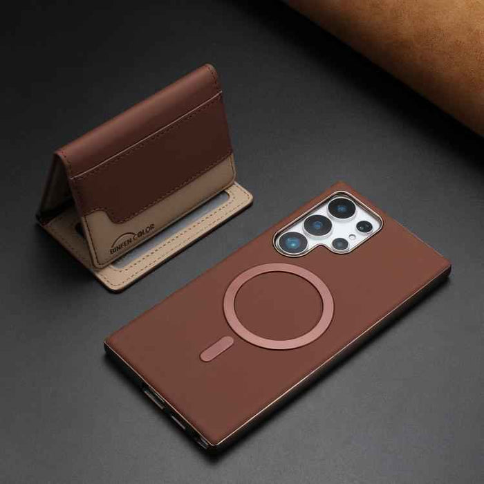 For Samsung Galaxy S25 Ultra 5G Colour Matching Horizontal Magnetic Card Bag RFID MagSafe Phone Case(Brown)