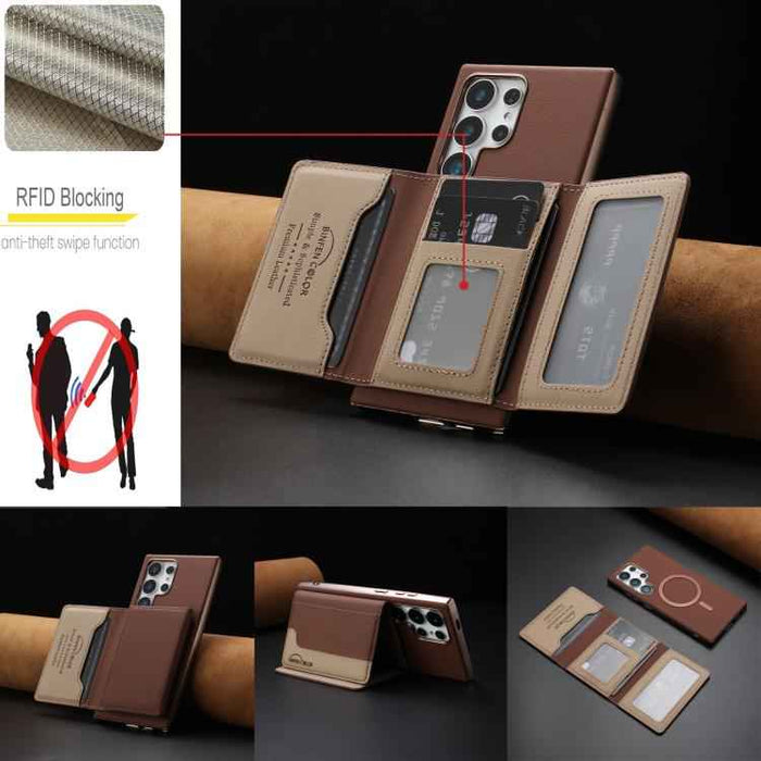 For Samsung Galaxy S25 Ultra 5G Colour Matching Horizontal Magnetic Card Bag RFID MagSafe Phone Case(Brown)
