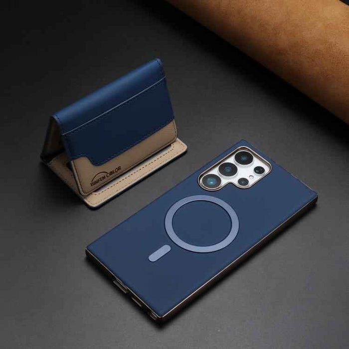 For Samsung Galaxy S25 Ultra 5G Colour Matching Horizontal Magnetic Card Bag RFID MagSafe Phone Case(Dark Blue)