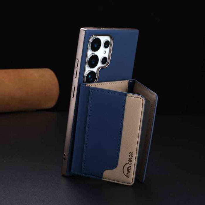 For Samsung Galaxy S25 Ultra 5G Colour Matching Horizontal Magnetic Card Bag RFID MagSafe Phone Case(Dark Blue)