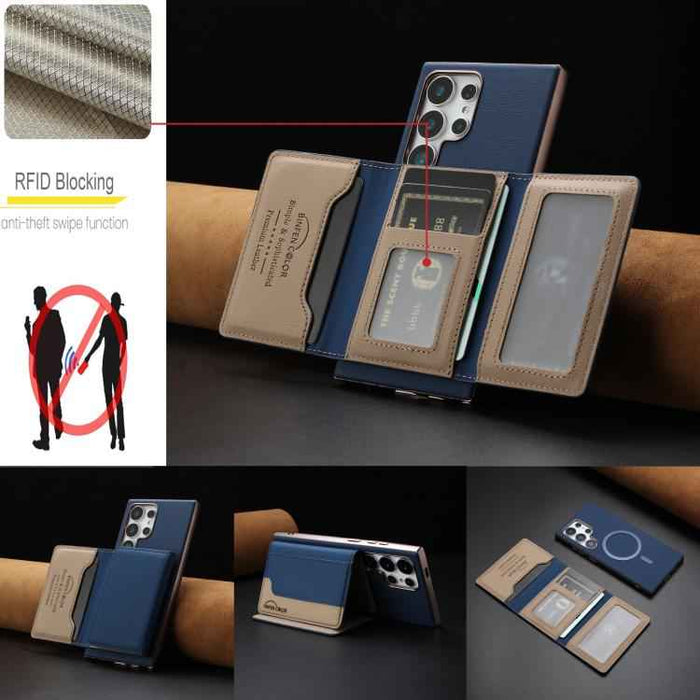 For Samsung Galaxy S25 Ultra 5G Colour Matching Horizontal Magnetic Card Bag RFID MagSafe Phone Case(Dark Blue)
