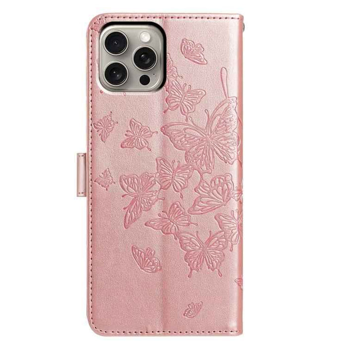 For iPhone 15 Pro Max Butterfly Flutter Pattern Embossed Leather Phone Case(Rose Gold)