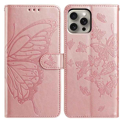 For iPhone 15 Pro Max Butterfly Flutter Pattern Embossed Leather Phone Case(Rose Gold)