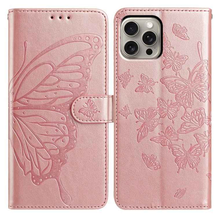 For iPhone 15 Pro Max Butterfly Flutter Pattern Embossed Leather Phone Case(Rose Gold)