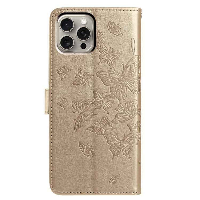 For iPhone 15 Pro Max Butterfly Flutter Pattern Embossed Leather Phone Case(Gold)